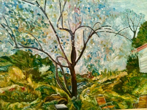 Blossoming Plum Tree by Kathy Leland, oil on canvas