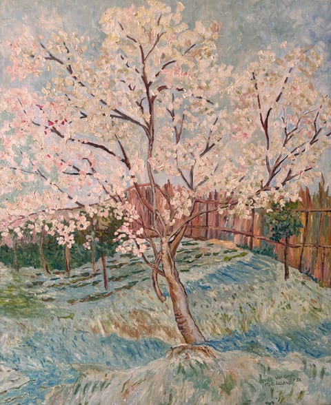 Pink Blossom Tree after Van Gogh by Kathy Leland, oil on canvas