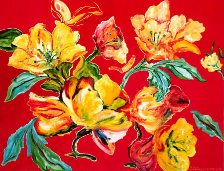 Flowers and Butterflies by Kathy Leland, oil on canvas