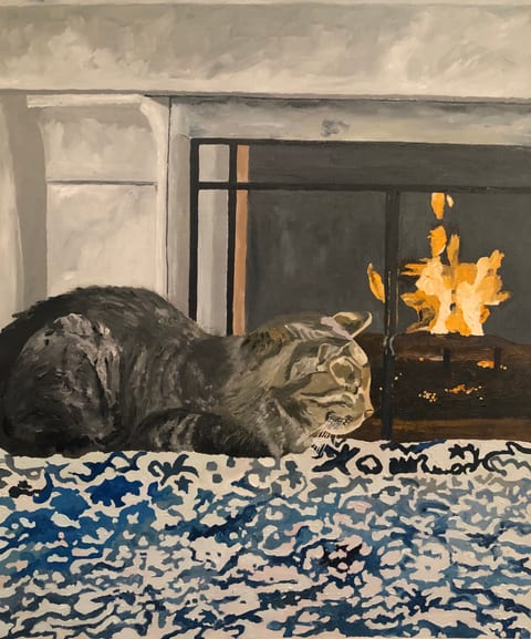 Cat by Fireplace by Kathy Leland, oil on canvas