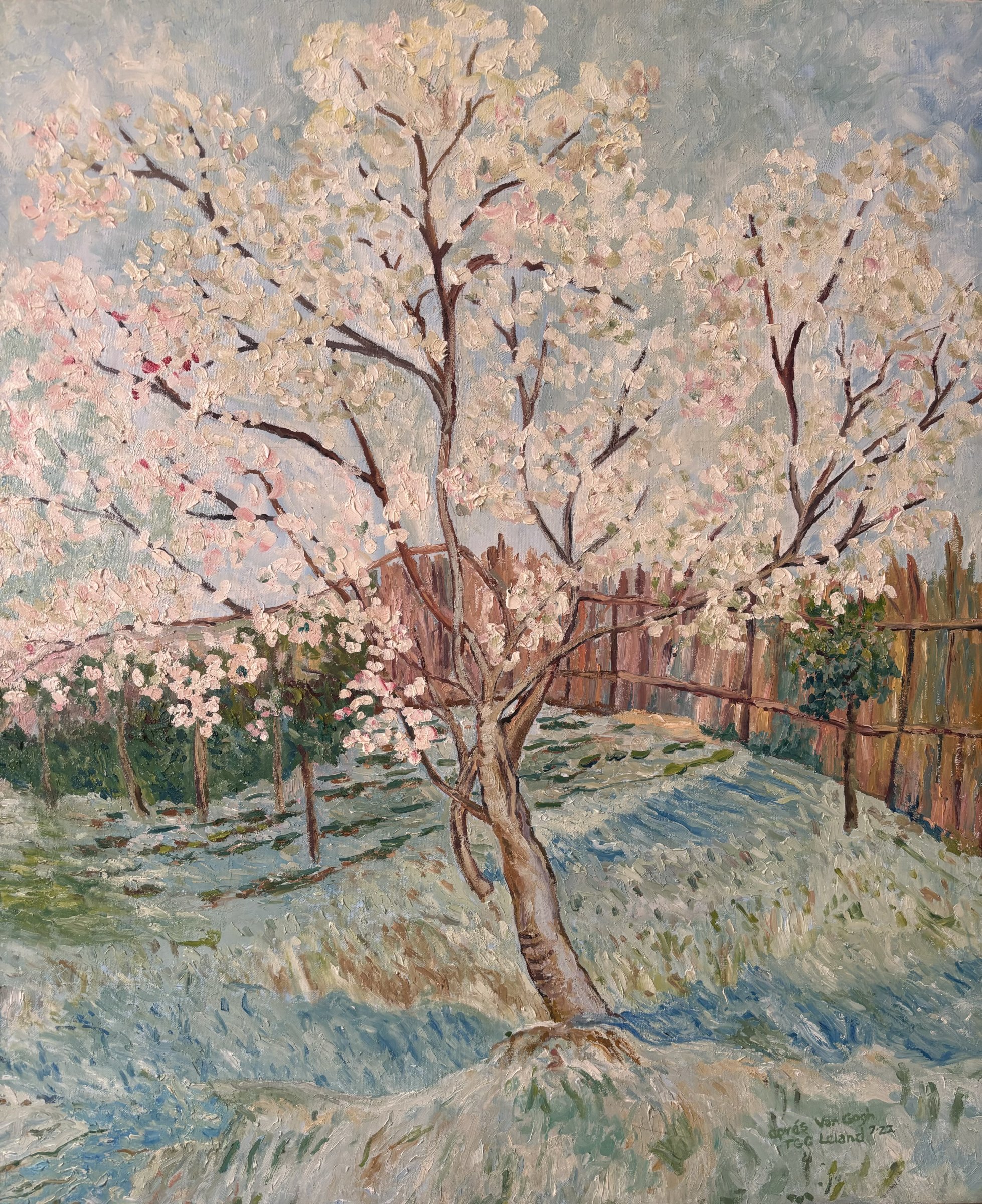 Pink Blossom Tree after Van Gogh by Kathy Leland, oil on canvas