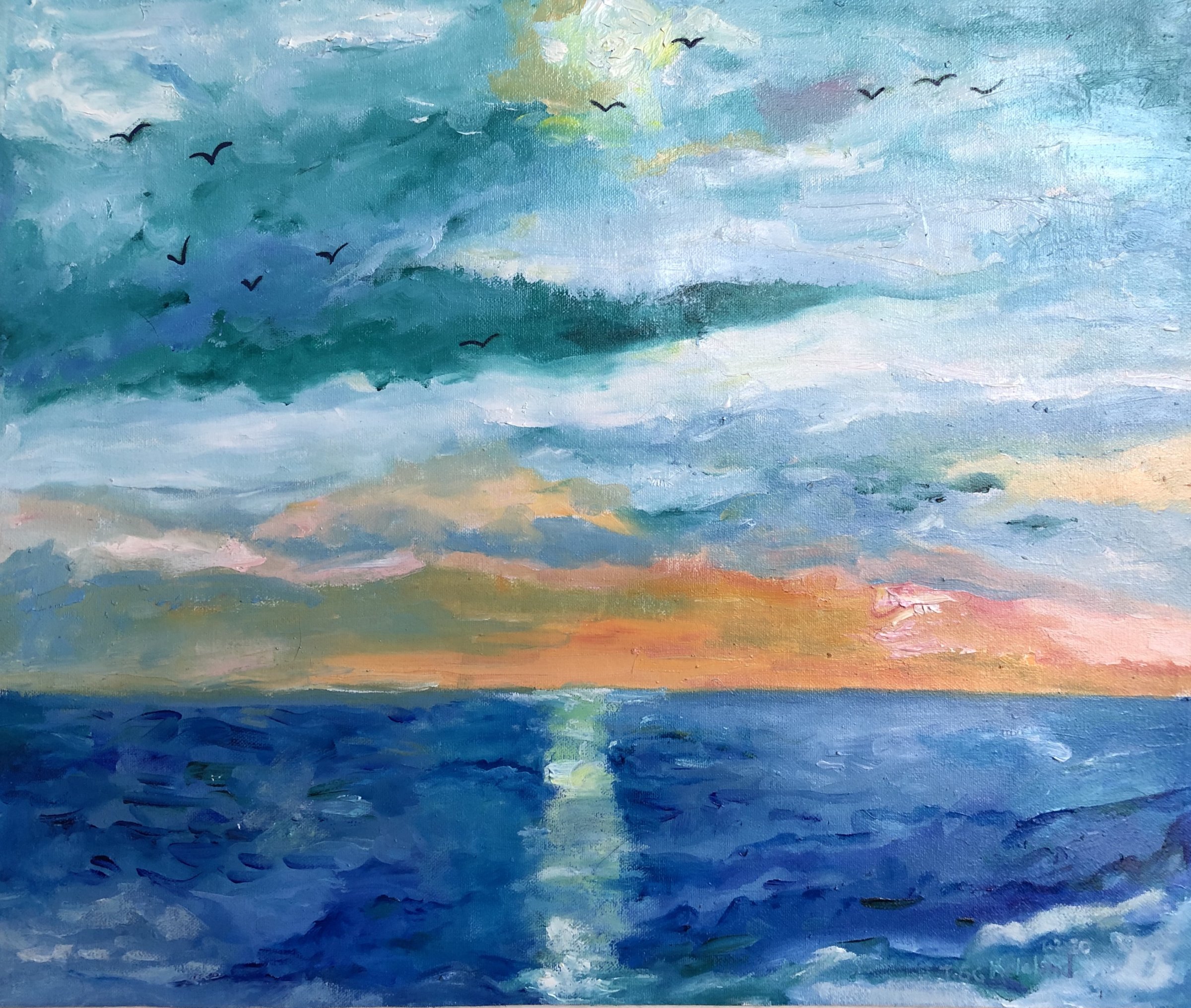 Ocean Sunset by Kathy Leland, oil on canvas